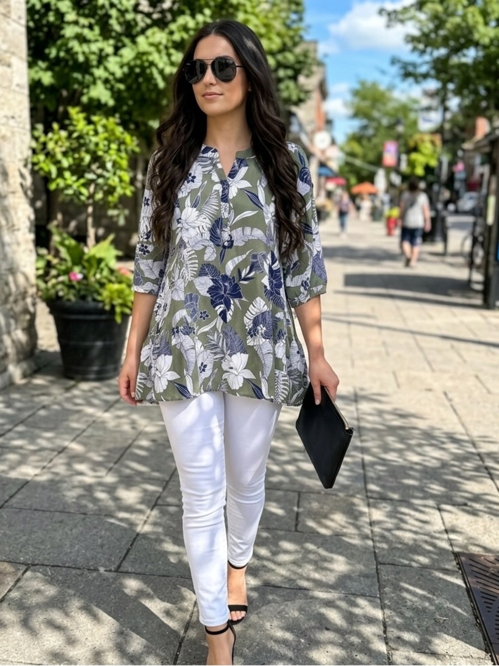 La Bella Tropical Floral Olive Green Linen-Like Tiered Flowy Peplum Button Tunic